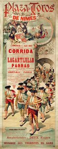 Plakát egy bikaviadalt reklámozva a Plaza de Toros-on, Nimes, 1897. augusztus 1., metszette J. Ortega.